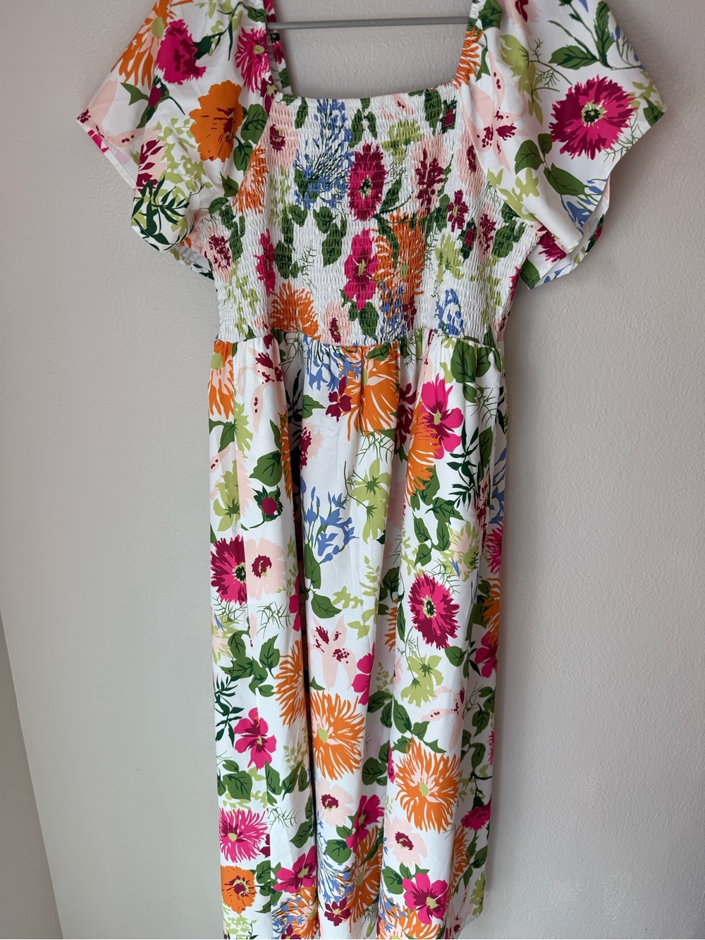 Women’s White Floral Smocked Sundress with Pink & Orange Blooms